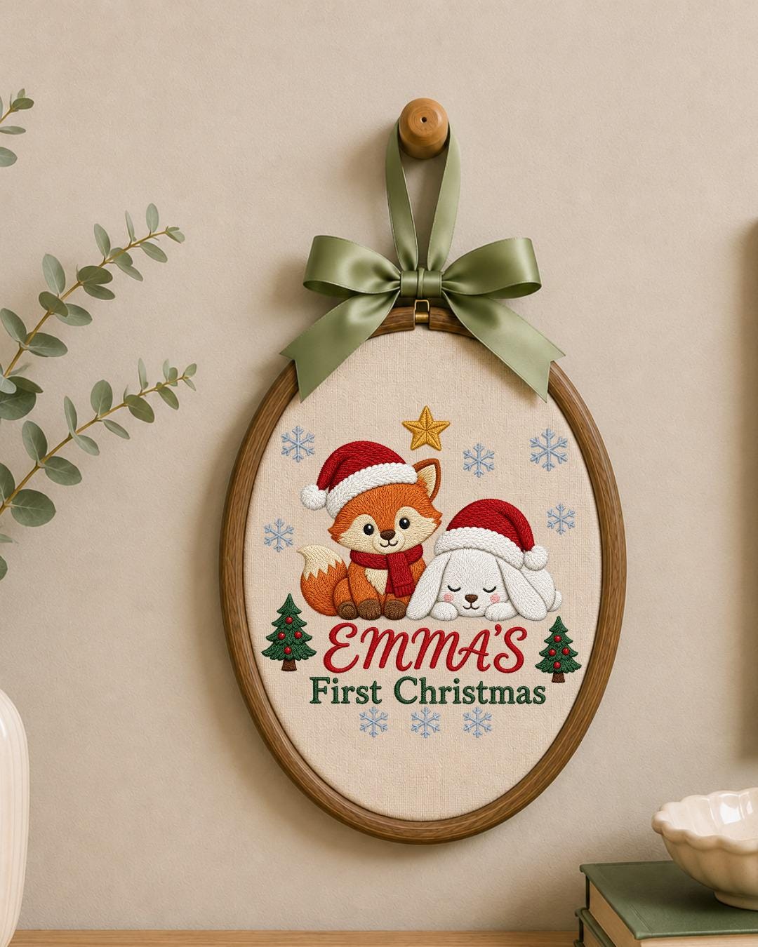 Personalized Embroidered First Christmas Ornament, Custom Baby Name Fox Bunny Hoop, Woodland Christmas Nursery Decor, Baby Keepsake Gift