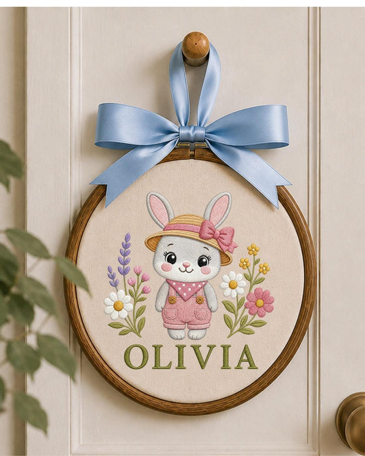Personalized Embroidered Bunny Ornament, Custom Baby Name Hoop, Floral Rabbit Nursery Decor, Baby Girl Gift, Newborn Keepsake