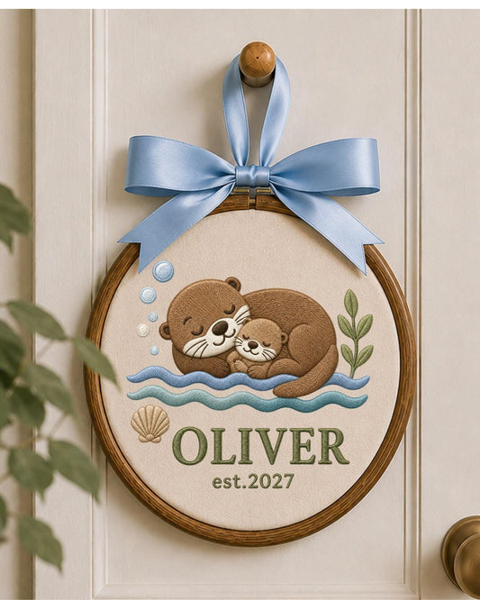 Personalized Embroidered Otter Ornament, Custom Baby Name Hoop, Sea Otter Nursery Decor, Newborn Keepsake Gift, Baby Shower Gift