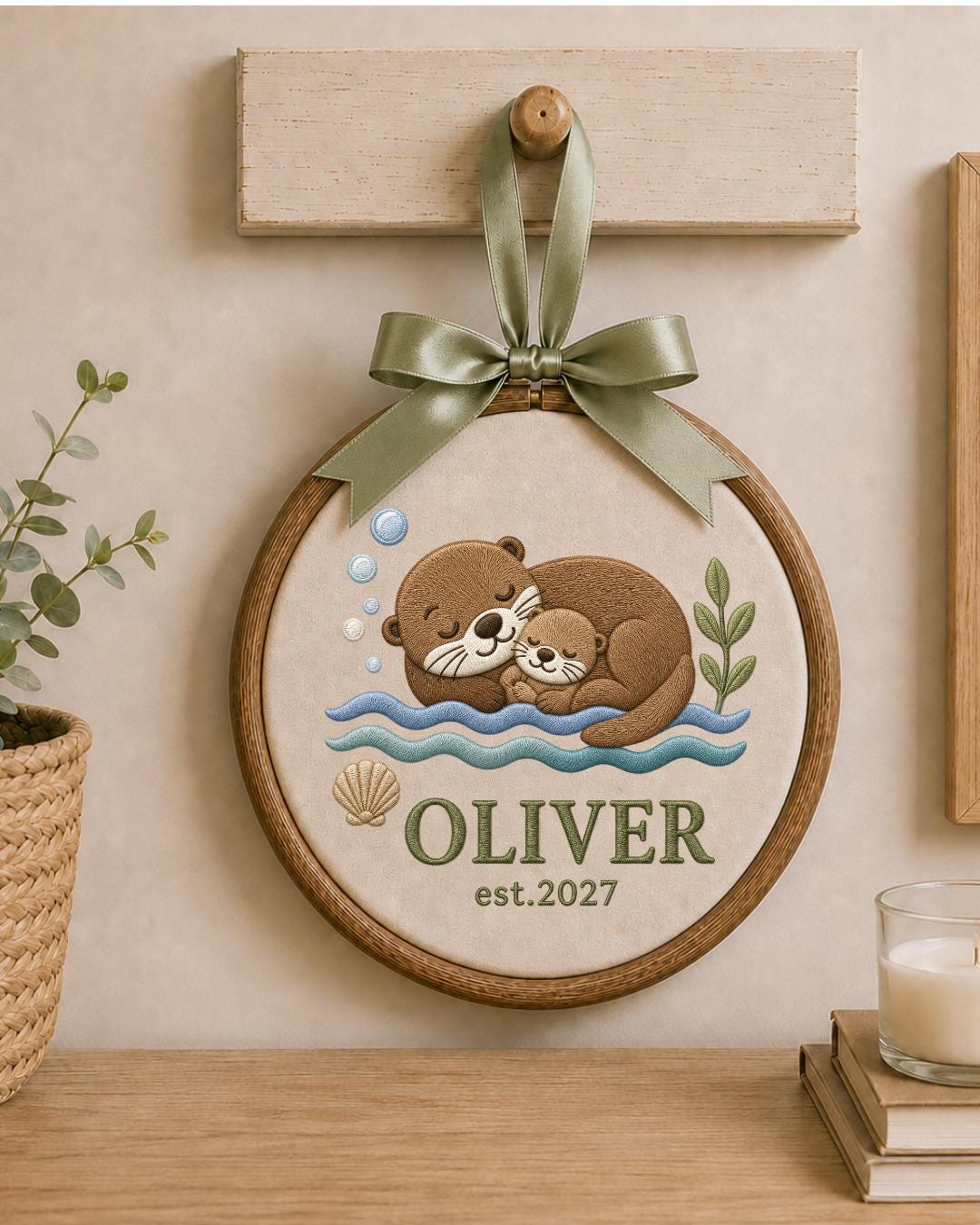 Personalized Embroidered Otter Ornament, Custom Baby Name Hoop, Sea Otter Nursery Decor, Newborn Keepsake Gift, Baby Shower Gift