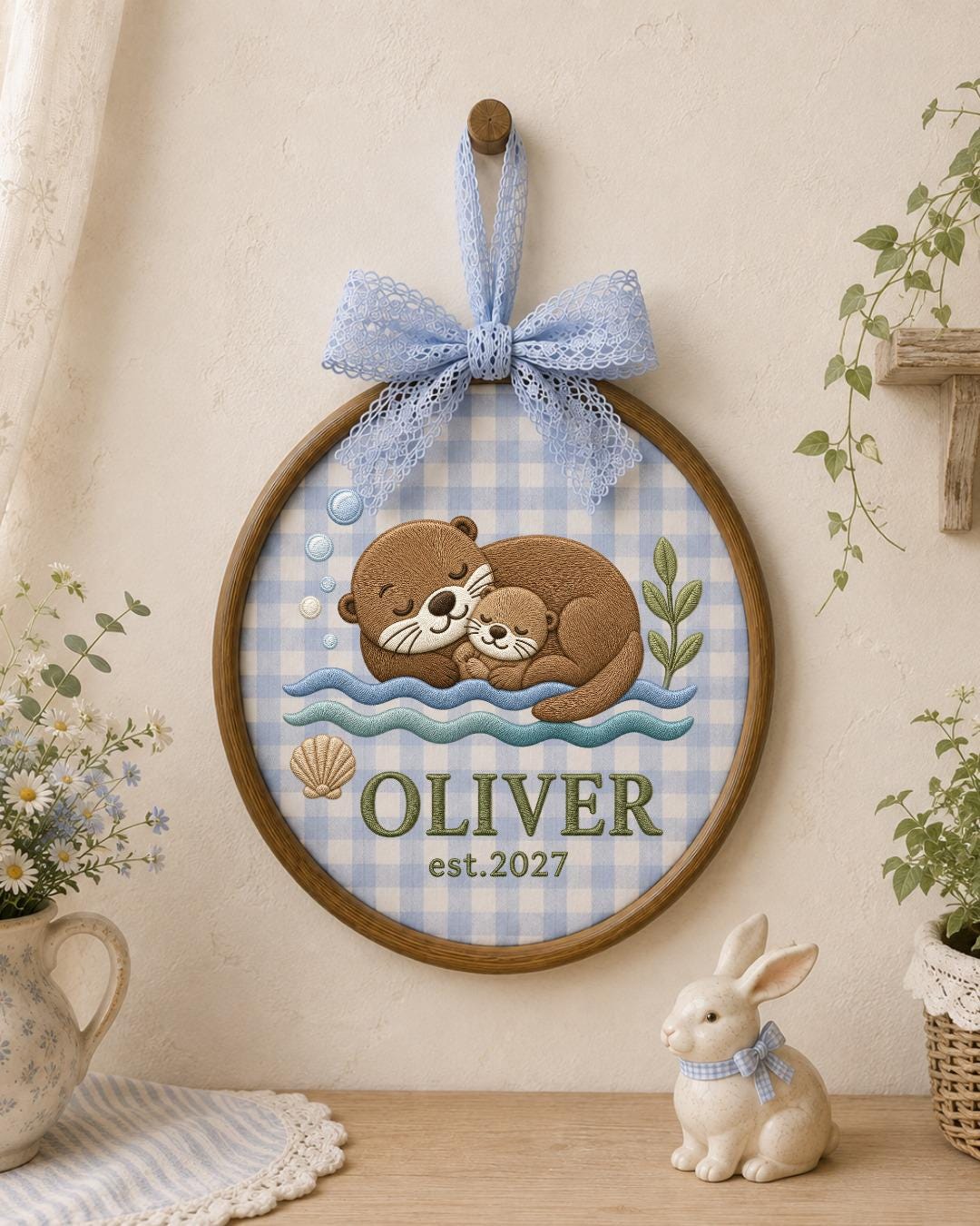 Personalized Embroidered Otter Ornament, Custom Baby Name Hoop, Sea Otter Nursery Decor, Newborn Keepsake Gift, Baby Shower Gift