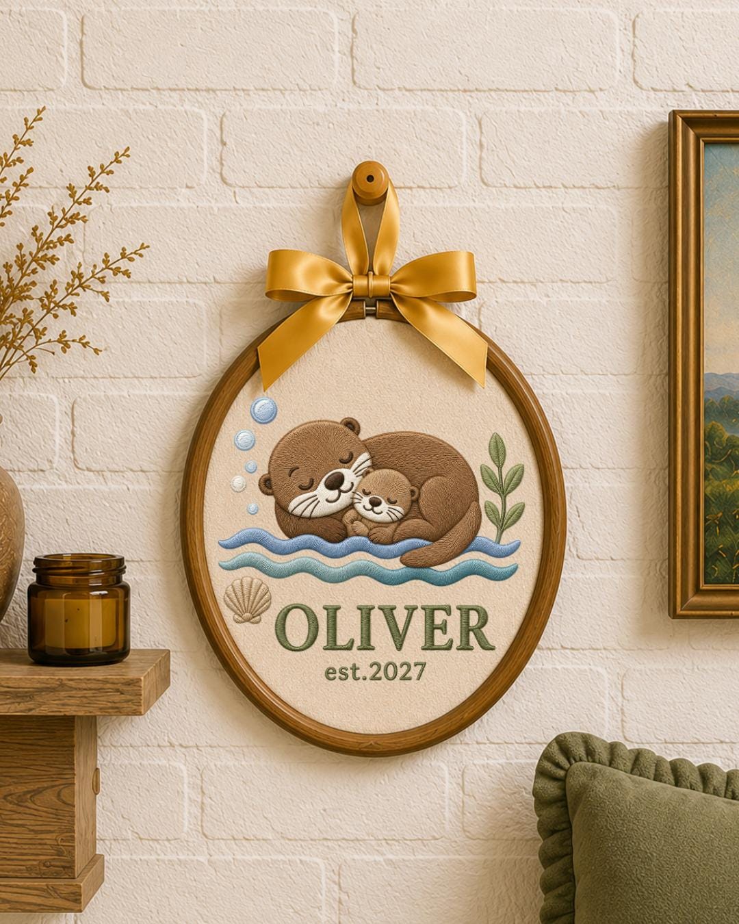 Personalized Embroidered Otter Ornament, Custom Baby Name Hoop, Sea Otter Nursery Decor, Newborn Keepsake Gift, Baby Shower Gift