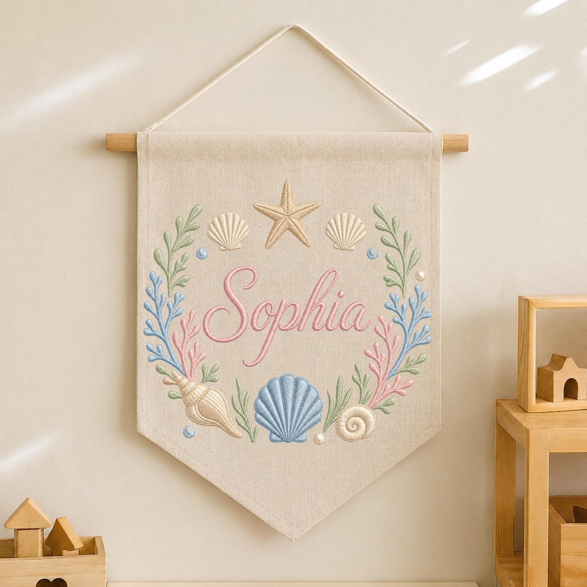 Personalized Embroidered Seashell Wall Hanging Banner, Custom Baby Name Sign, Coastal Nursery Decor, Ocean Baby Gift, Beach Kids Room Decor