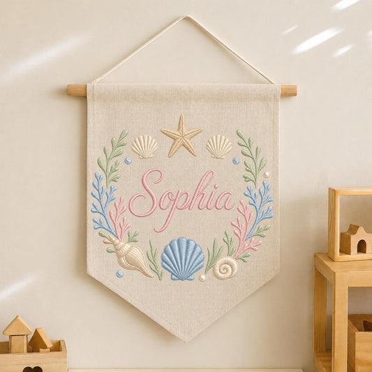 Personalized Embroidered Seashell Wall Hanging Banner, Custom Baby Name Sign, Coastal Nursery Decor, Ocean Baby Gift, Beach Kids Room Decor