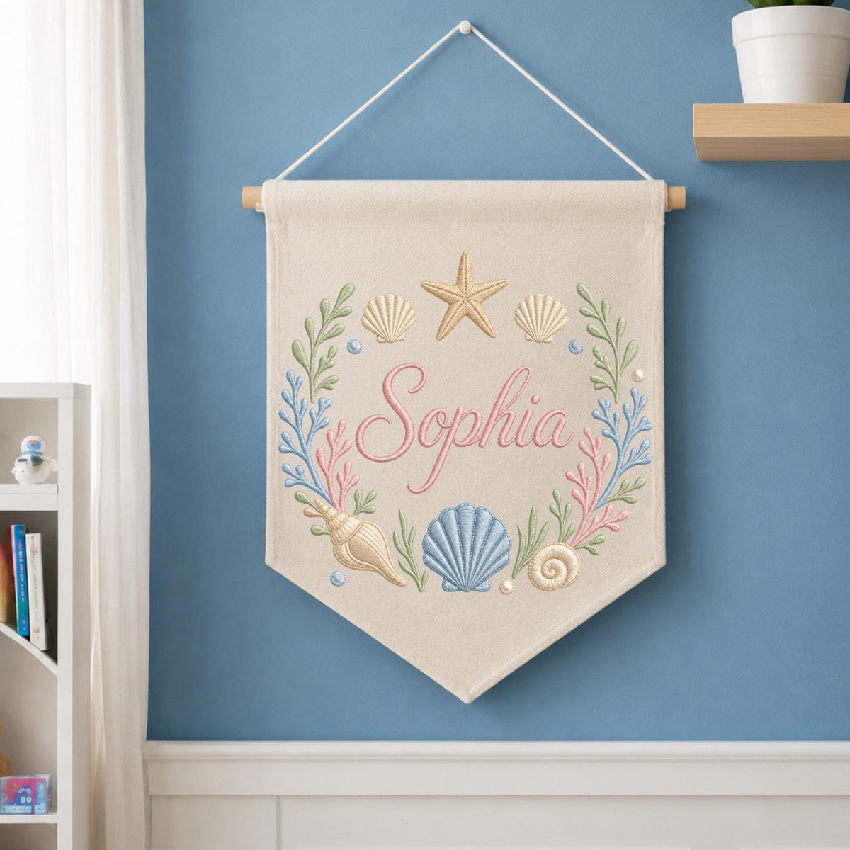 Personalized Embroidered Seashell Wall Hanging Banner, Custom Baby Name Sign, Coastal Nursery Decor, Ocean Baby Gift, Beach Kids Room Decor