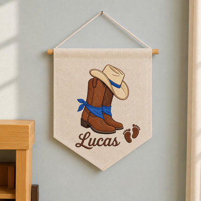 Personalized Embroidered Cowboy Wall Hanging Banner, Custom Baby Name Sign, Western Nursery Decor, Baby Shower Gift, Cowboy Baby Room Decor