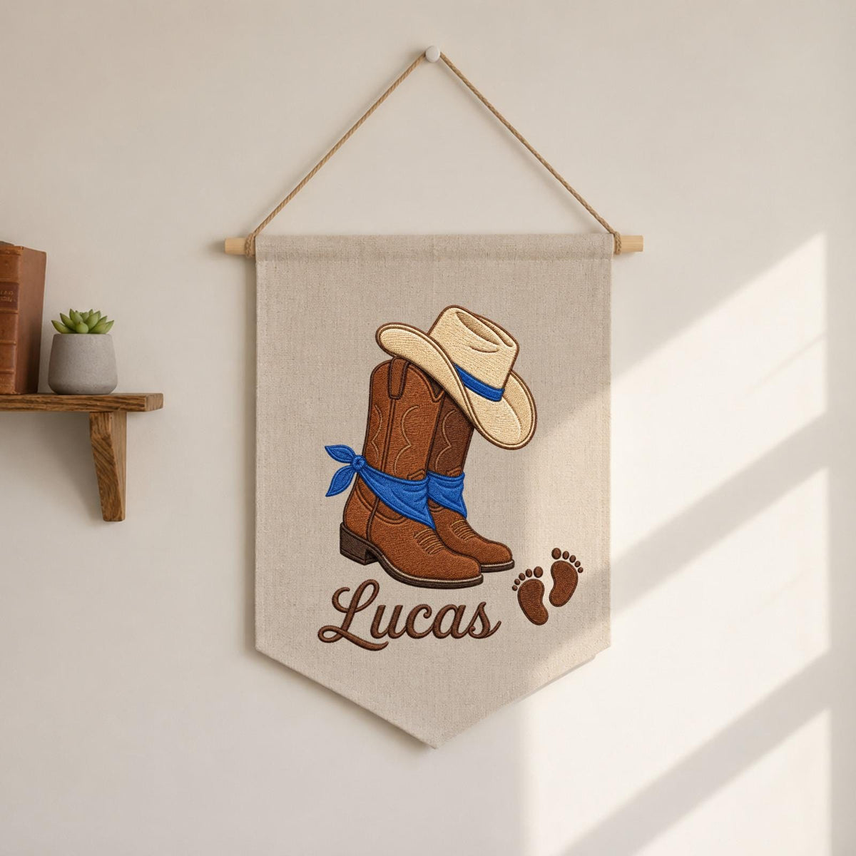 Personalized Embroidered Cowboy Wall Hanging Banner, Custom Baby Name Sign, Western Nursery Decor, Baby Shower Gift, Cowboy Baby Room Decor