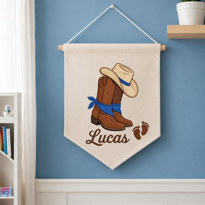 Personalized Embroidered Cowboy Wall Hanging Banner, Custom Baby Name Sign, Western Nursery Decor, Baby Shower Gift, Cowboy Baby Room Decor