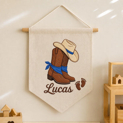 Personalized Embroidered Cowboy Wall Hanging Banner, Custom Baby Name Sign, Western Nursery Decor, Baby Shower Gift, Cowboy Baby Room Decor