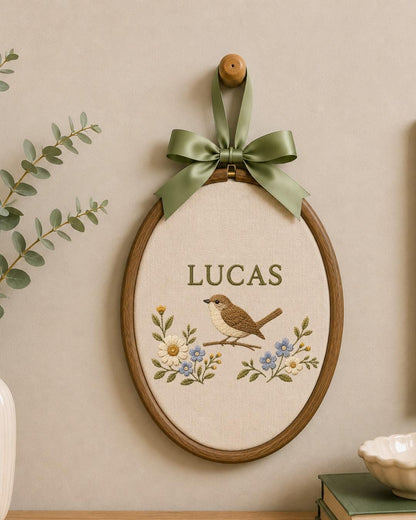 Personalized Embroidered Bird Ornament, Custom Baby Name Hoop, Floral Bird Nursery Decor, Woodland Baby Gift, Newborn Keepsake