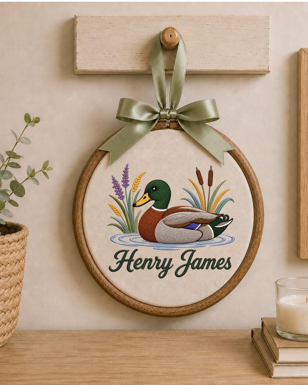 Personalized Embroidered Mallard Duck Ornament, Custom Baby Name Hoop, Duck Hunting Nursery Decor, Woodland Baby Gift, Newborn Keepsake