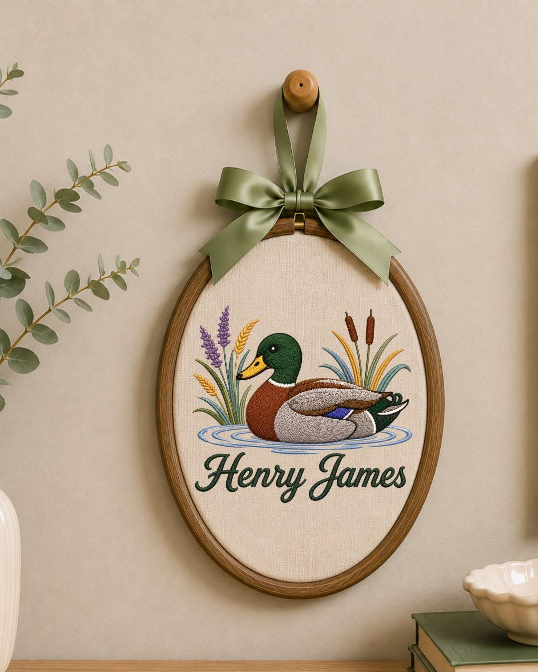 Personalized Embroidered Mallard Duck Ornament, Custom Baby Name Hoop, Duck Hunting Nursery Decor, Woodland Baby Gift, Newborn Keepsake