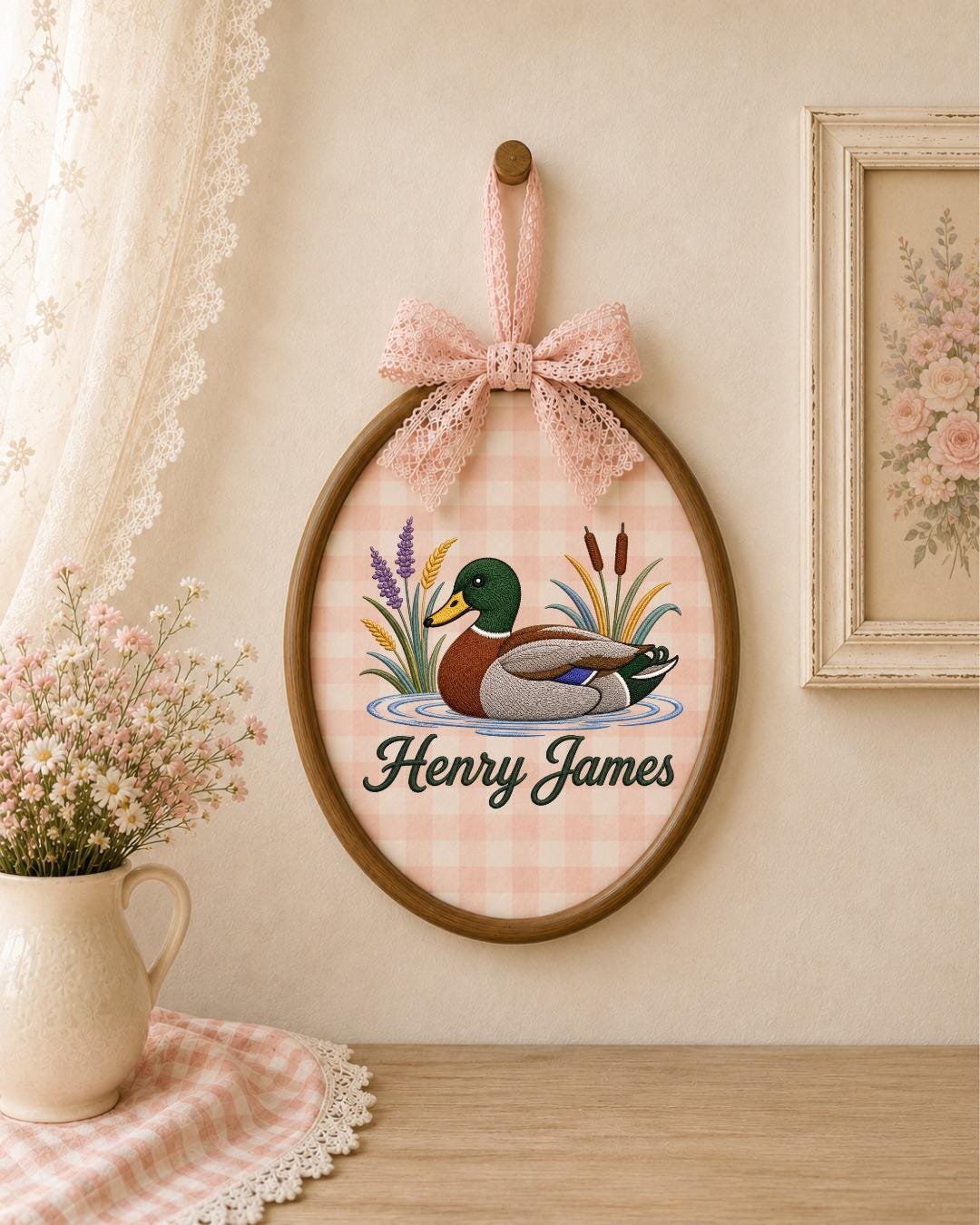 Personalized Embroidered Mallard Duck Ornament, Custom Baby Name Hoop, Duck Hunting Nursery Decor, Woodland Baby Gift, Newborn Keepsake