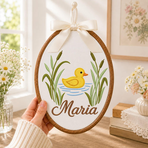 Personalized Embroidered Ornament, Duck Name Hoop, Baby Girl Nursery Decor, Yellow Duckling Wall Art, Baby Shower Gift, Newborn Keepsake