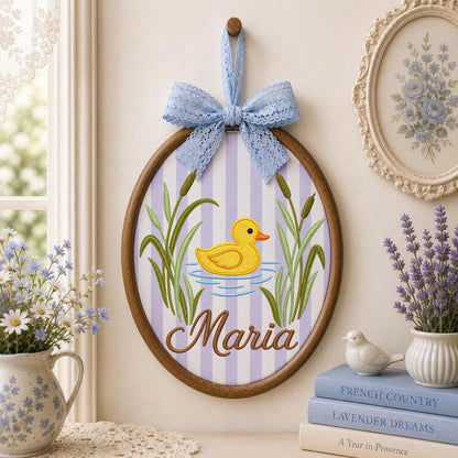 Personalized Embroidered Ornament, Duck Name Hoop, Baby Girl Nursery Decor, Yellow Duckling Wall Art, Baby Shower Gift, Newborn Keepsake
