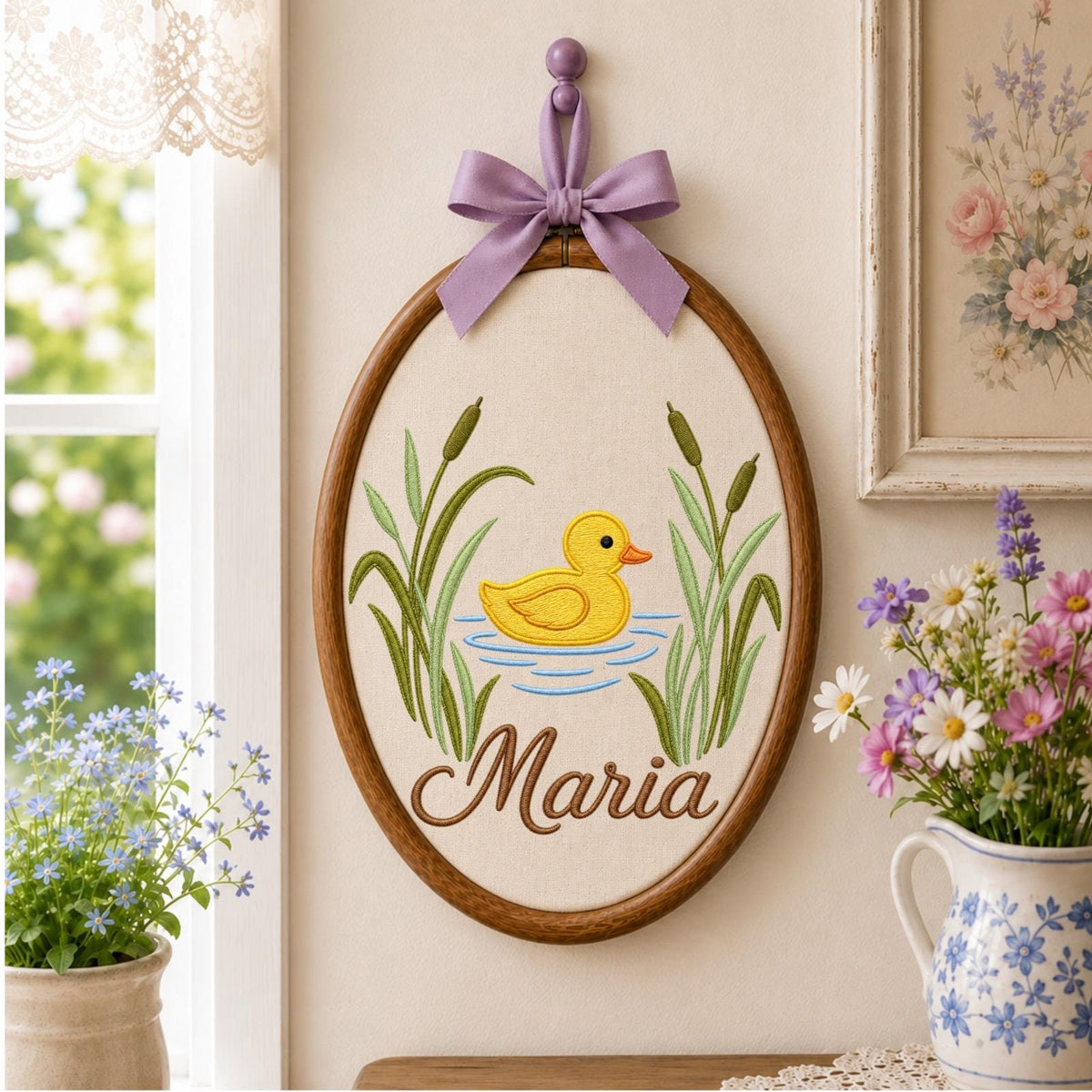Personalized Embroidered Ornament, Duck Name Hoop, Baby Girl Nursery Decor, Yellow Duckling Wall Art, Baby Shower Gift, Newborn Keepsake