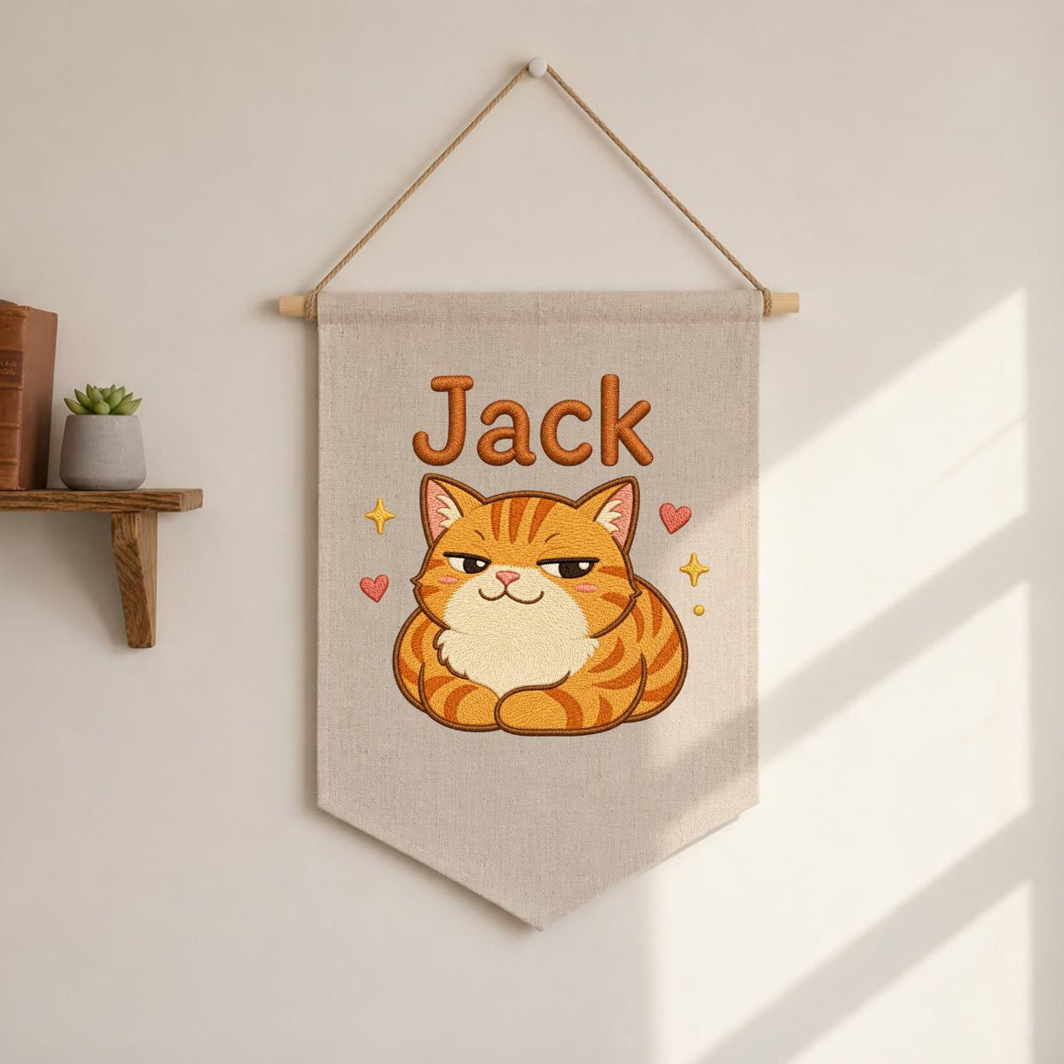 Personalized Ginger Cat Embroidered Banner, Custom Name Nursery Decor, Linen Wall Art