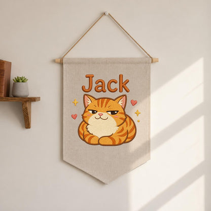 Personalized Ginger Cat Embroidered Banner, Custom Name Nursery Decor, Linen Wall Art