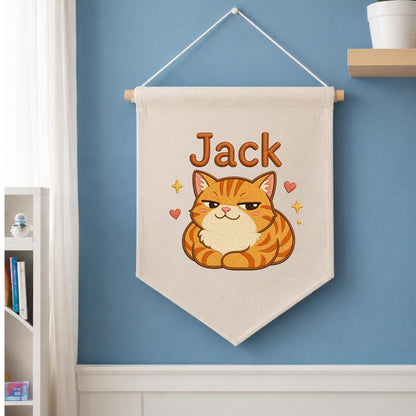 Personalized Ginger Cat Embroidered Banner, Custom Name Nursery Decor, Linen Wall Art