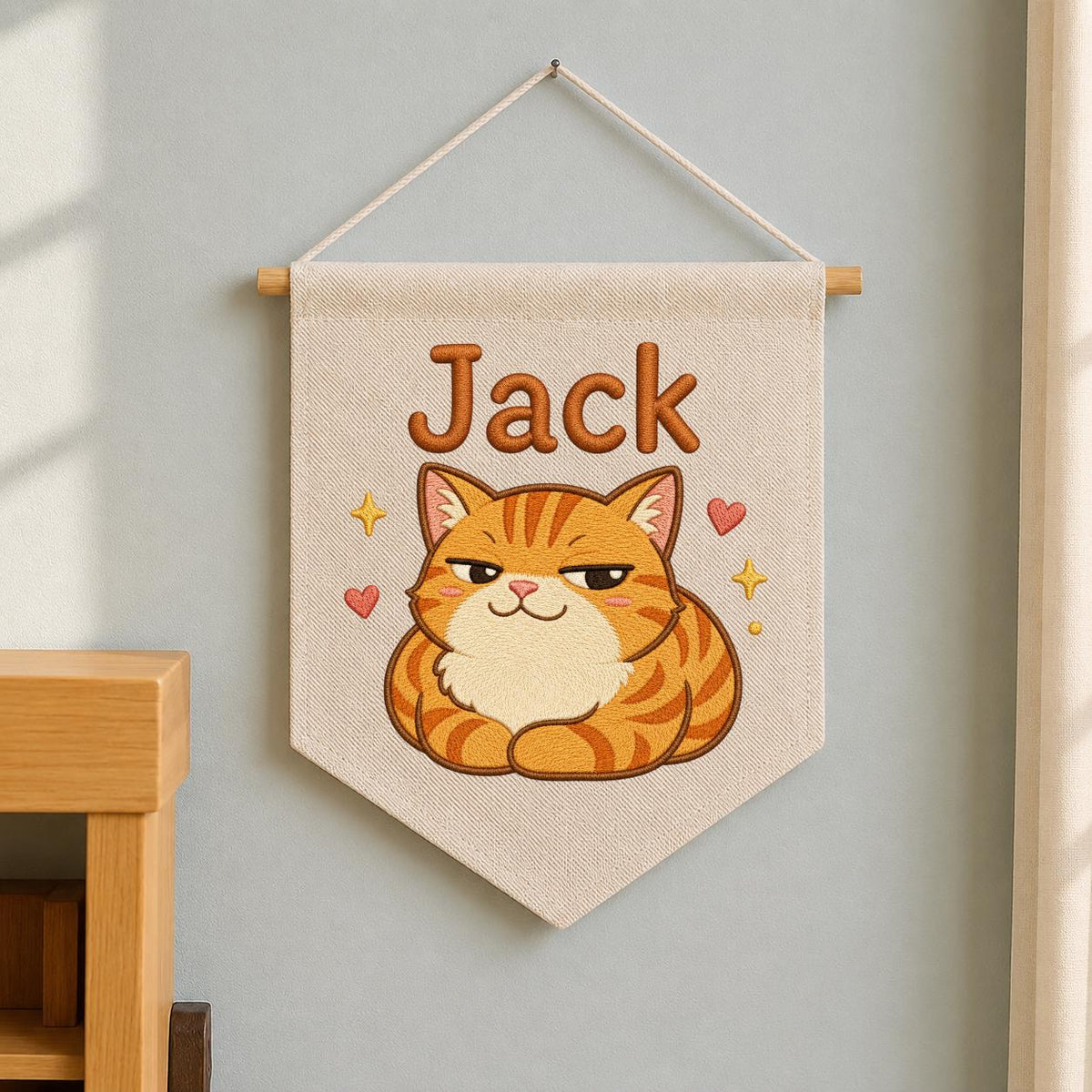 Personalized Ginger Cat Embroidered Banner, Custom Name Nursery Decor, Linen Wall Art