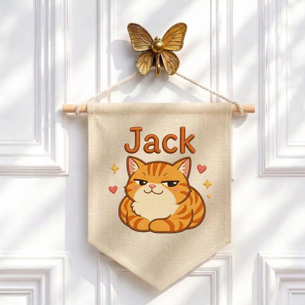 Personalized Ginger Cat Embroidered Banner, Custom Name Nursery Decor, Linen Wall Art