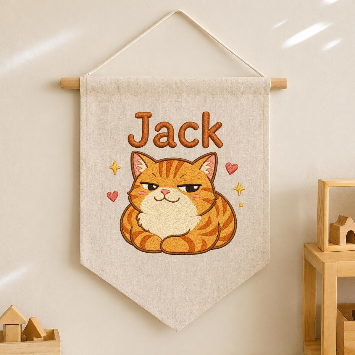 Personalized Ginger Cat Embroidered Banner, Custom Name Nursery Decor, Linen Wall Art