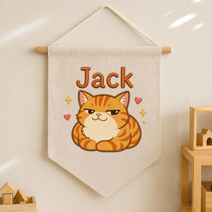 Personalized Ginger Cat Embroidered Banner, Custom Name Nursery Decor, Linen Wall Art