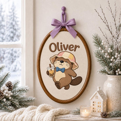Embroidered Otter Boba Tea Hoop Art, Personalized Nursery Name Sign