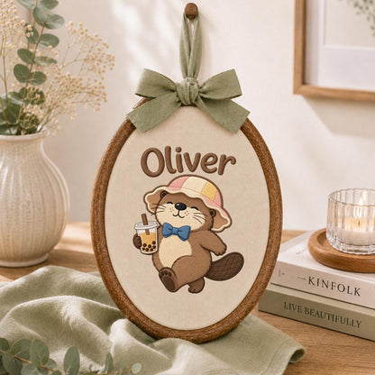 Embroidered Otter Boba Tea Hoop Art, Personalized Nursery Name Sign