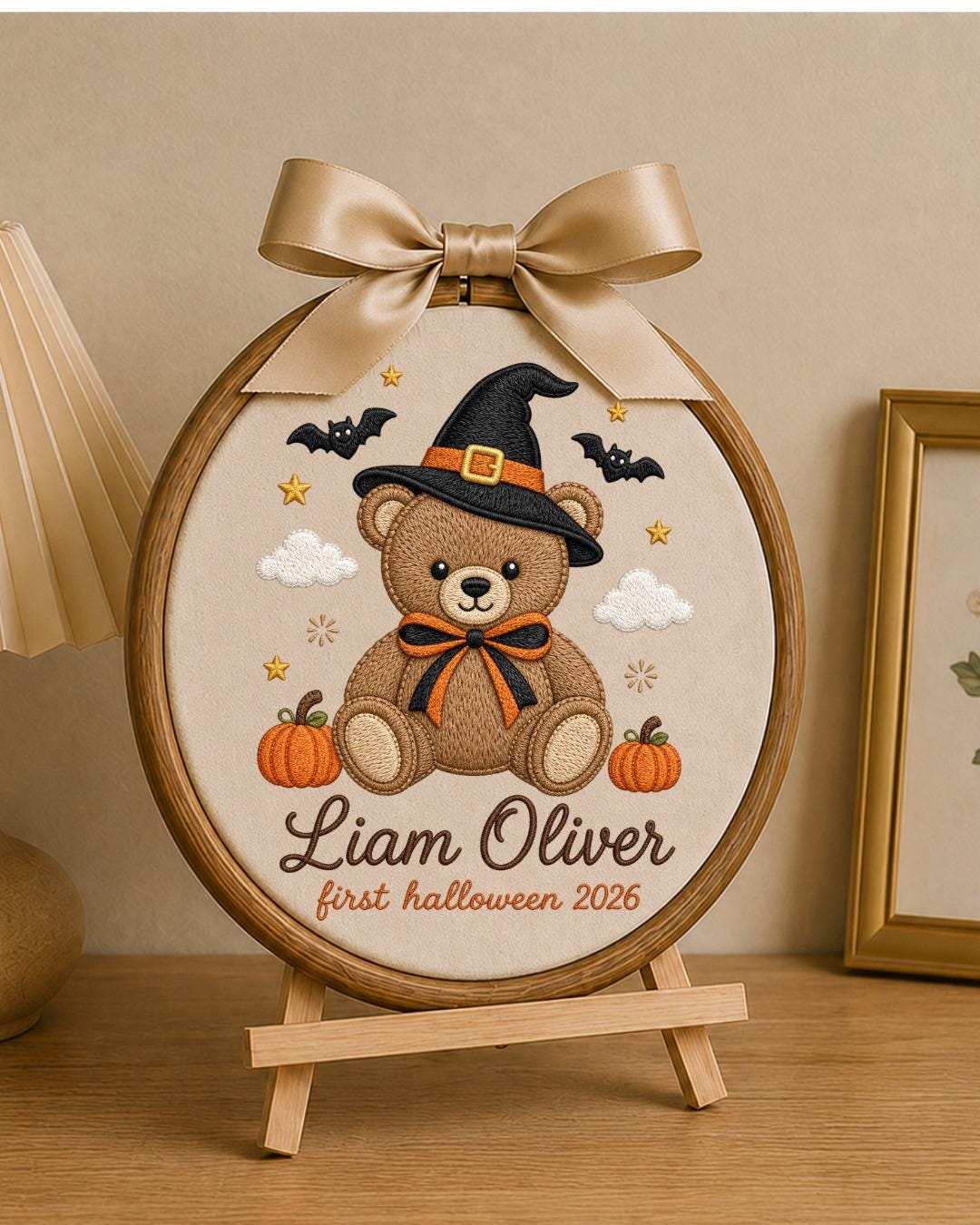 Personalized Embroidered Halloween Ornament, Baby First Halloween 2026 Keepsake, Custom Name Teddy Bear Hoop, Nursery Fall Decor