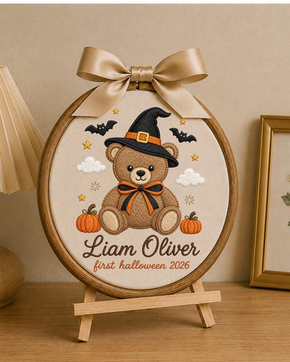 Personalized Embroidered Halloween Ornament, Baby First Halloween 2026 Keepsake, Custom Name Teddy Bear Hoop, Nursery Fall Decor