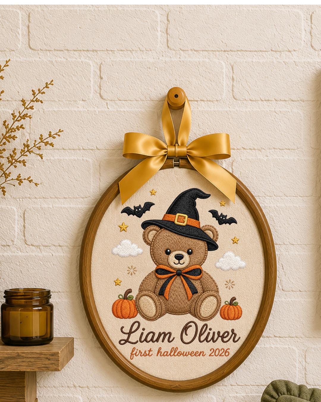 Personalized Embroidered Halloween Ornament, Baby First Halloween 2026 Keepsake, Custom Name Teddy Bear Hoop, Nursery Fall Decor