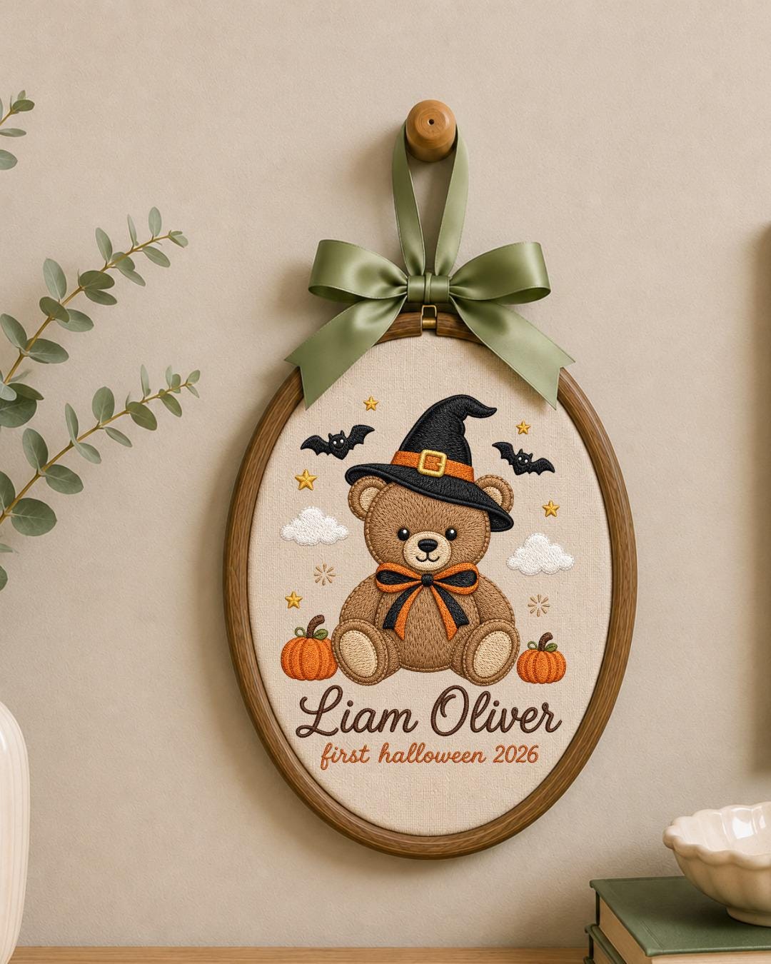 Personalized Embroidered Halloween Ornament, Baby First Halloween 2026 Keepsake, Custom Name Teddy Bear Hoop, Nursery Fall Decor