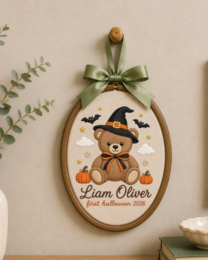 Personalized Embroidered Halloween Ornament, Baby First Halloween 2026 Keepsake, Custom Name Teddy Bear Hoop, Nursery Fall Decor