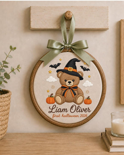 Personalized Embroidered Halloween Ornament, Baby First Halloween 2026 Keepsake, Custom Name Teddy Bear Hoop, Nursery Fall Decor
