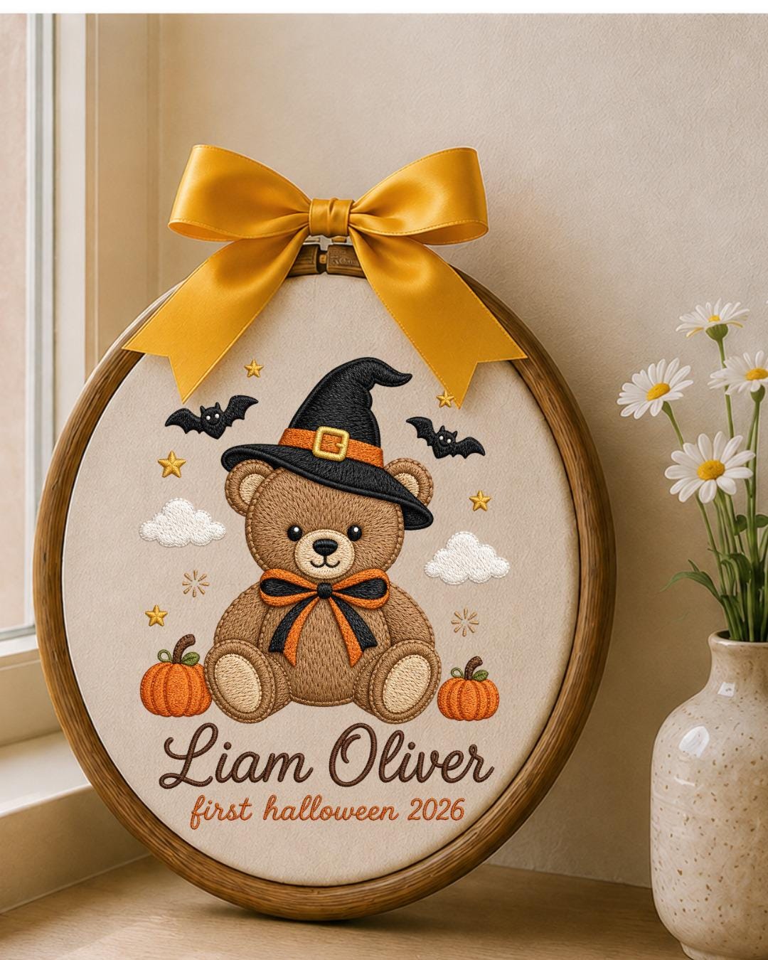 Personalized Embroidered Halloween Ornament, Baby First Halloween 2026 Keepsake, Custom Name Teddy Bear Hoop, Nursery Fall Decor