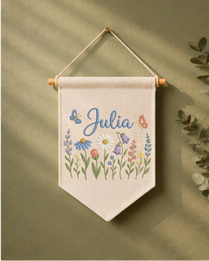 Personalized Floral Wildflower Wall Hanging, Custom Name Embroidered Banner, Baby Girl Nursery Decor, Botanical Room Decor, Baby Shower Gift