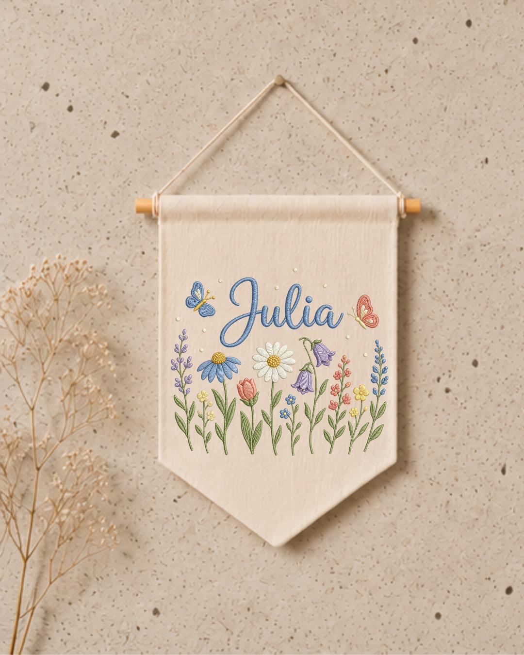 Personalized Floral Wildflower Wall Hanging, Custom Name Embroidered Banner, Baby Girl Nursery Decor, Botanical Room Decor, Baby Shower Gift