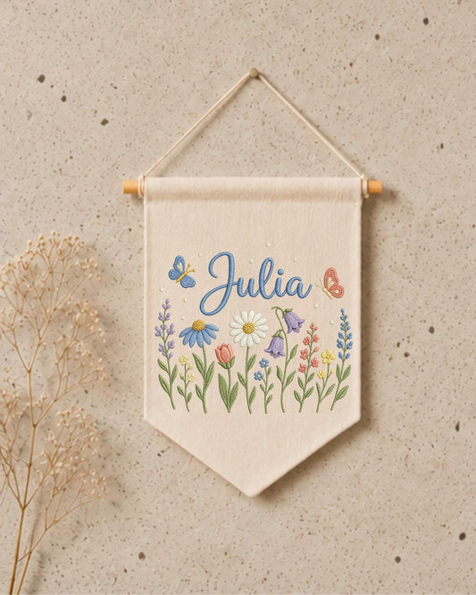 Personalized Floral Wildflower Wall Hanging, Custom Name Embroidered Banner, Baby Girl Nursery Decor, Botanical Room Decor, Baby Shower Gift