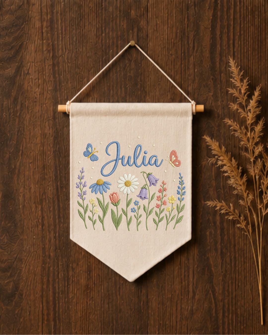 Personalized Floral Wildflower Wall Hanging, Custom Name Embroidered Banner, Baby Girl Nursery Decor, Botanical Room Decor, Baby Shower Gift