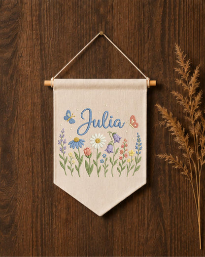 Personalized Floral Wildflower Wall Hanging, Custom Name Embroidered Banner, Baby Girl Nursery Decor, Botanical Room Decor, Baby Shower Gift