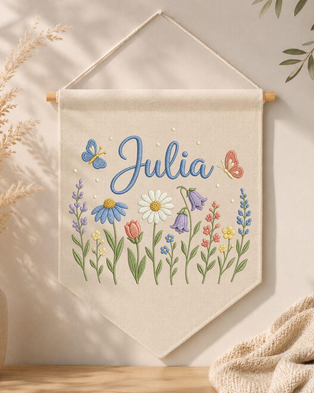 Personalized Floral Wildflower Wall Hanging, Custom Name Embroidered Banner, Baby Girl Nursery Decor, Botanical Room Decor, Baby Shower Gift