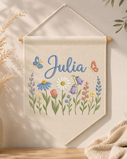 Personalized Floral Wildflower Wall Hanging, Custom Name Embroidered Banner, Baby Girl Nursery Decor, Botanical Room Decor, Baby Shower Gift