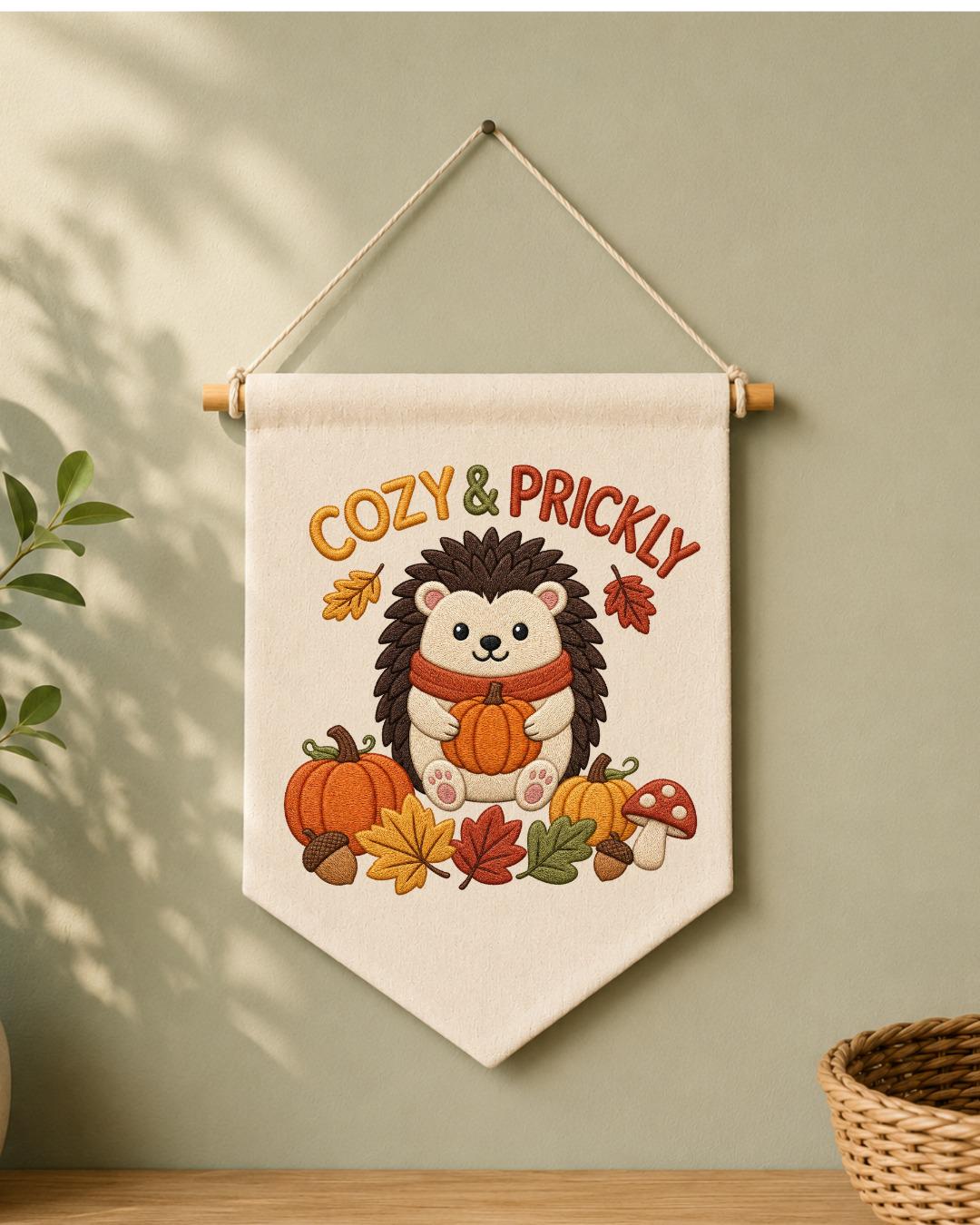 Autumn Hedgehog Embroidered Wall Hanging, Cozy Fall Nursery Banner, Pumpkin Woodland Decor, Cute Thanksgiving Kids Room Gift