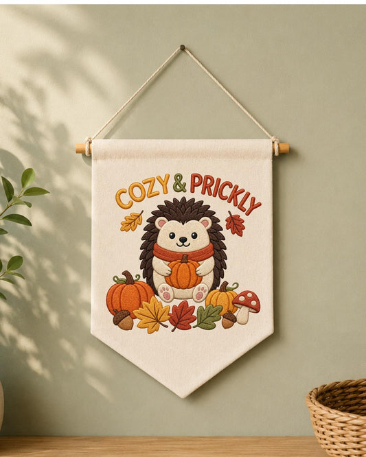 Autumn Hedgehog Embroidered Wall Hanging, Cozy Fall Nursery Banner, Pumpkin Woodland Decor, Cute Thanksgiving Kids Room Gift