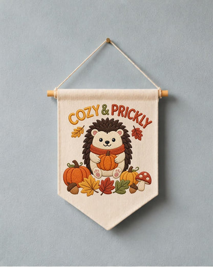 Autumn Hedgehog Embroidered Wall Hanging, Cozy Fall Nursery Banner, Pumpkin Woodland Decor, Cute Thanksgiving Kids Room Gift