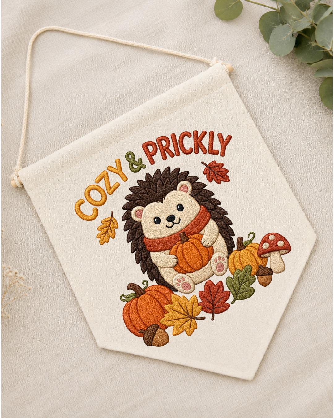Autumn Hedgehog Embroidered Wall Hanging, Cozy Fall Nursery Banner, Pumpkin Woodland Decor, Cute Thanksgiving Kids Room Gift