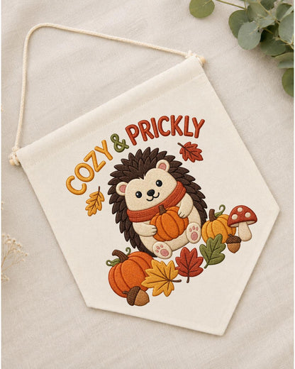 Autumn Hedgehog Embroidered Wall Hanging, Cozy Fall Nursery Banner, Pumpkin Woodland Decor, Cute Thanksgiving Kids Room Gift