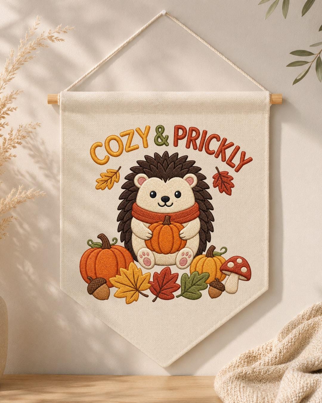 Autumn Hedgehog Embroidered Wall Hanging, Cozy Fall Nursery Banner, Pumpkin Woodland Decor, Cute Thanksgiving Kids Room Gift