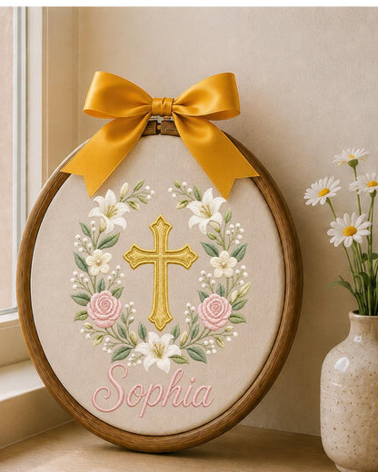 Personalized Embroidered Cross Ornament, Custom Name Christian Nursery Decor, Floral Baptism Gift, Baby Girl Religious Keepsake